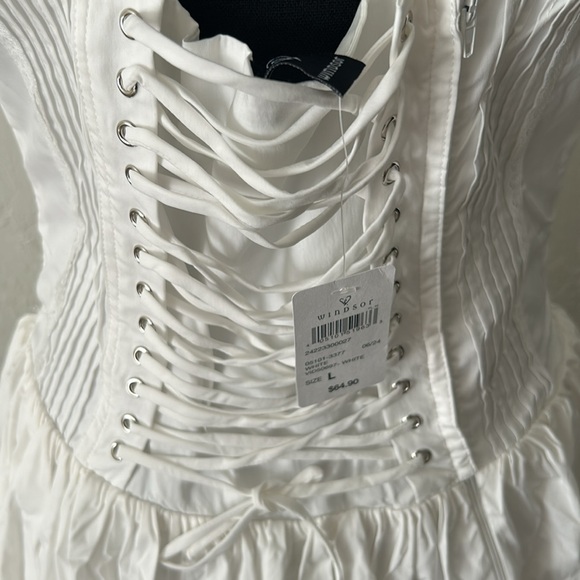 NWT white mini coquette corset lace up lace puff waist brassiere top w bow dress - Picture 5 of 8